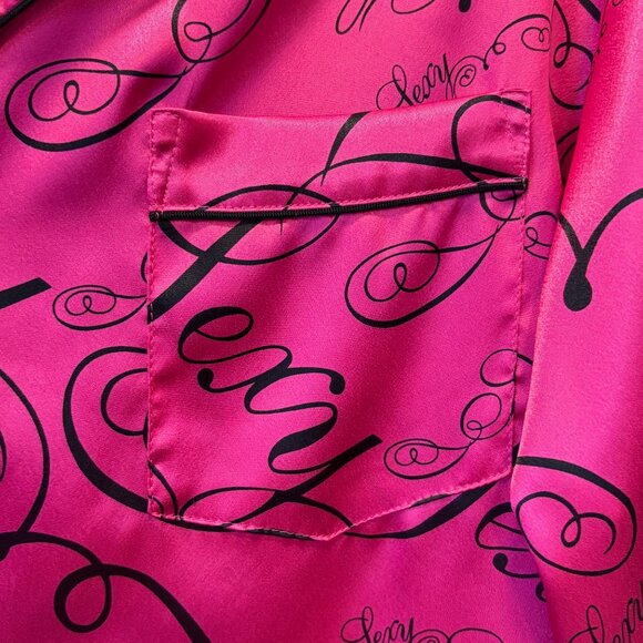 Victorias Secret Pink Satin Pajama Top SEXY  Black Script Print Size Sm Pocket - Picture 4 of 6